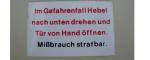 Aufkleber "Im Gefahrenfall Hebel nach unten drehen..."